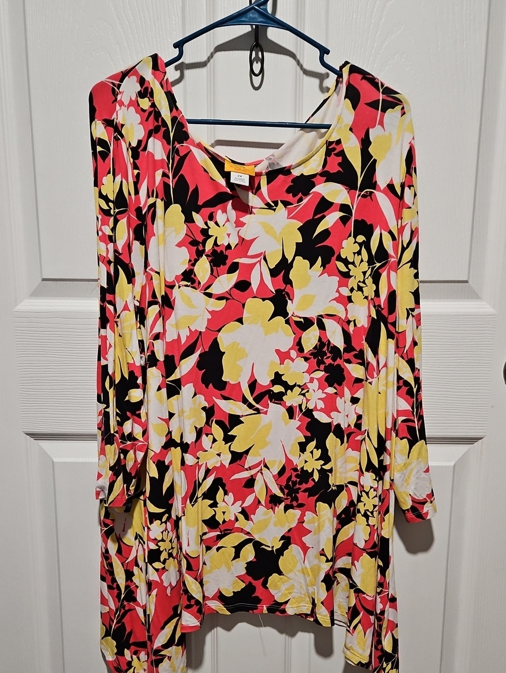 Ruby Rd. Floral Scoop Neck Long Sleeve Top - Coral, Yellow & Black